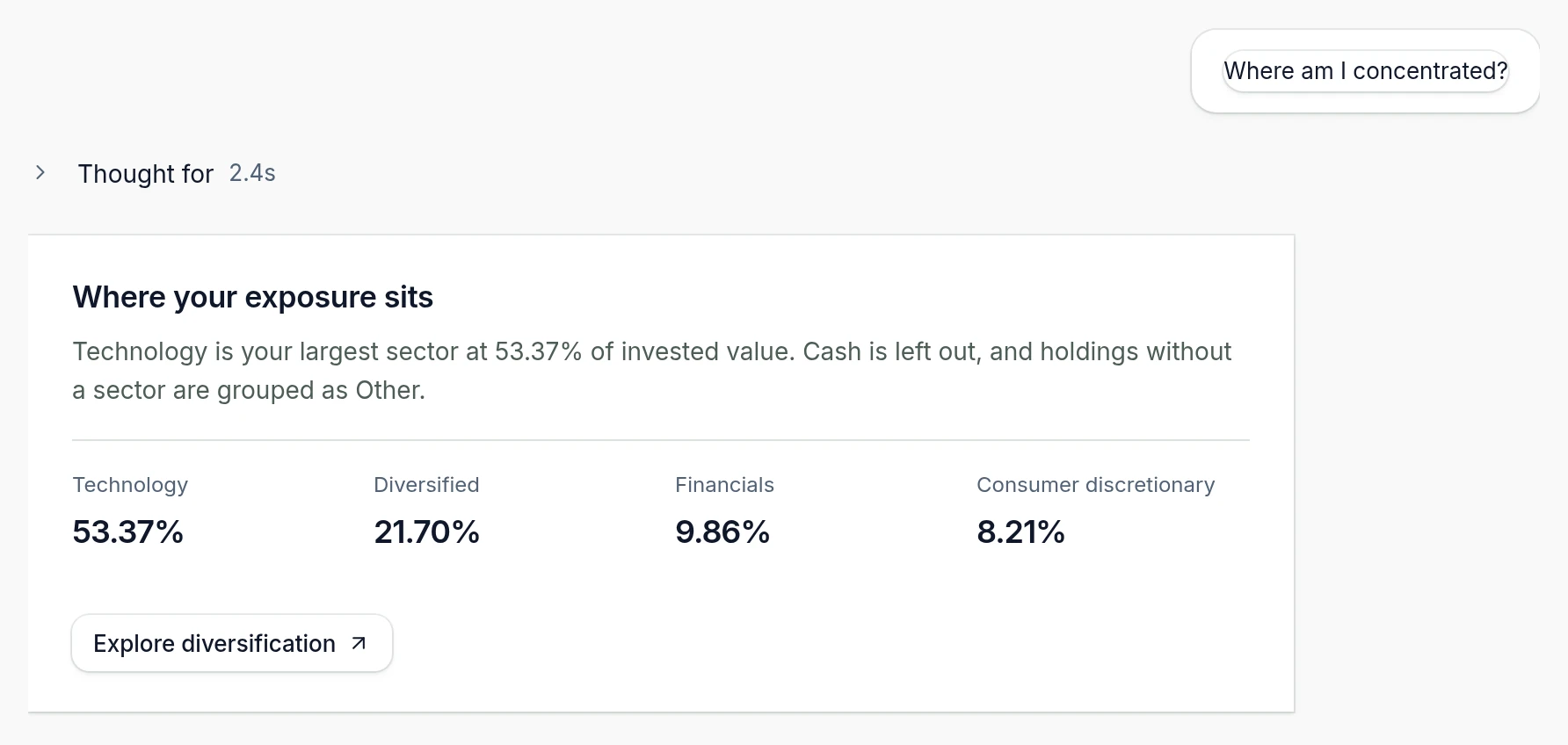 The Masterdeck assistant answering where the demo portfolio is concentrated