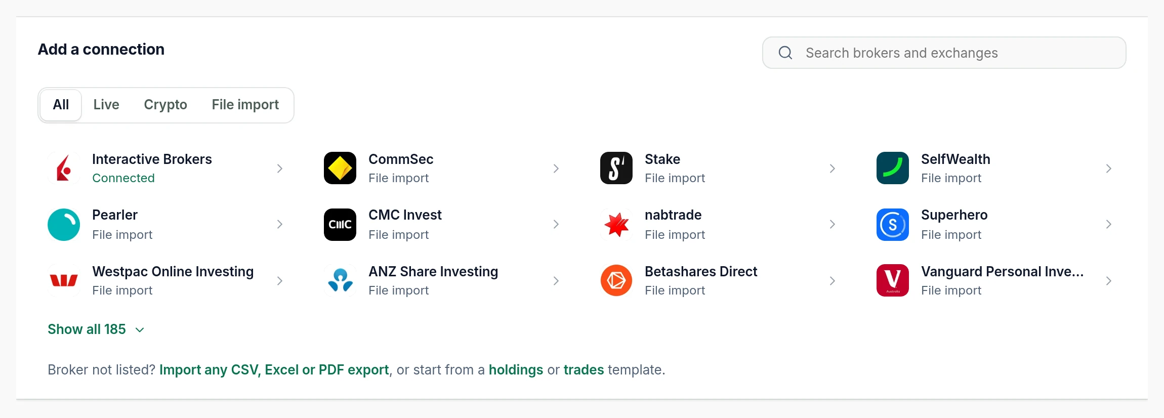 Connections page with a read-only broker feed and import options